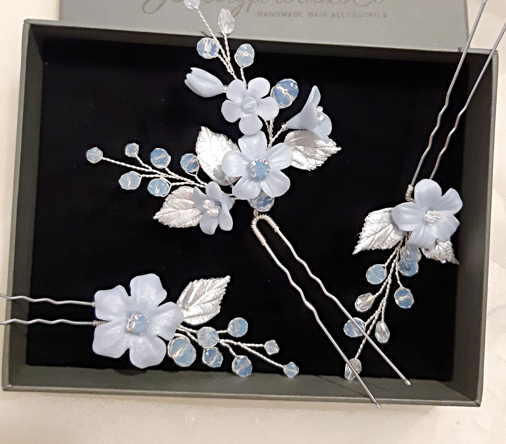 Dusty blue flower hair pins set Light blue bridal hair piece