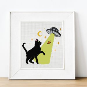 UFO cat cross stitch pattern PDF instant download.