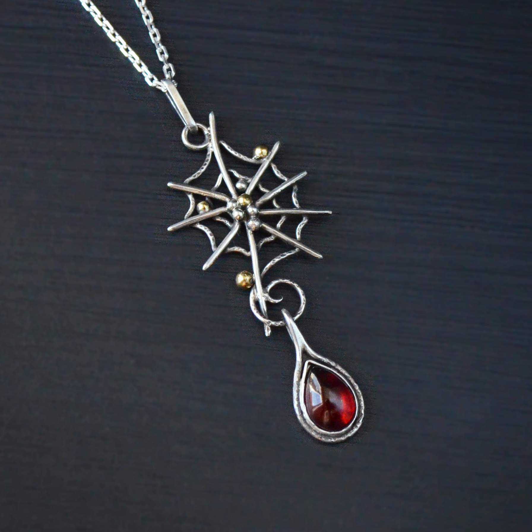Spider web necklace with garnet drop Amazing gift for gothic girl