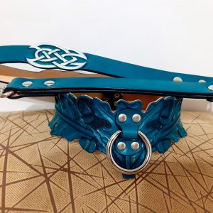 Turquoise leather bondage set bdsm collar and leash