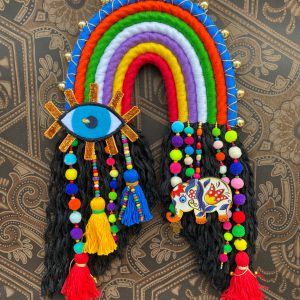 Colorful wall decor, Rainbow with evil eye, hamsa, elephant charm