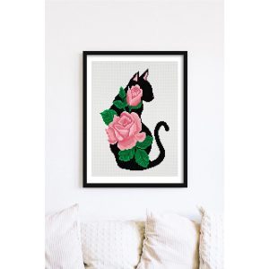 Cat with roses cross stitch chart PDF