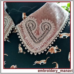 ITH embroidery design collar with lace and FSL elements.