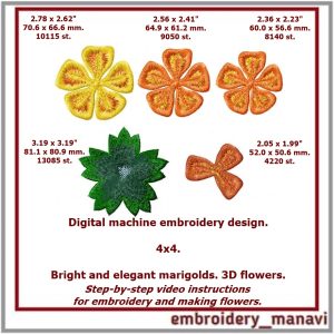 In the hoop embroidery design Bright and elegant marigolds.