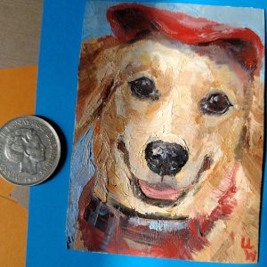 ACEO Original Art Mini Oil Painting Funny Dog With A Red Hat