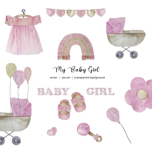 Watercolor baby girl birth announcement. It`s a girl clipart