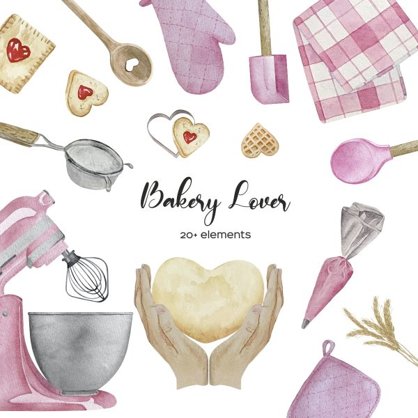 Watercolor baking supplies clipart. Pink kitchen utensils PNG