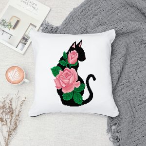 Modern cross stitch with cat and roses