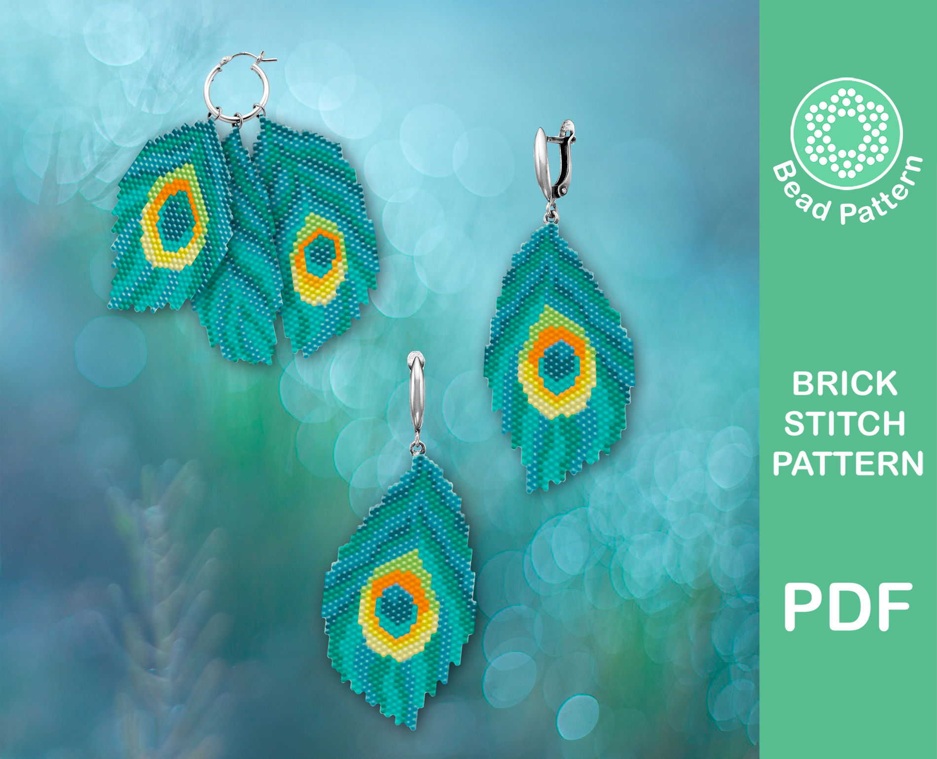 Peacock feather earrings brick stitch patterns Miyuki Delica