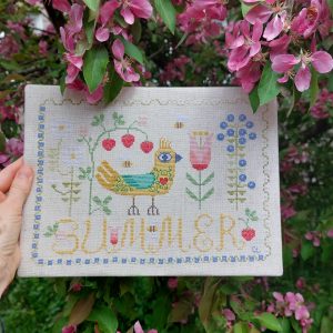Summer Time cross stitch pattern, Funny bird Primitive Sampler