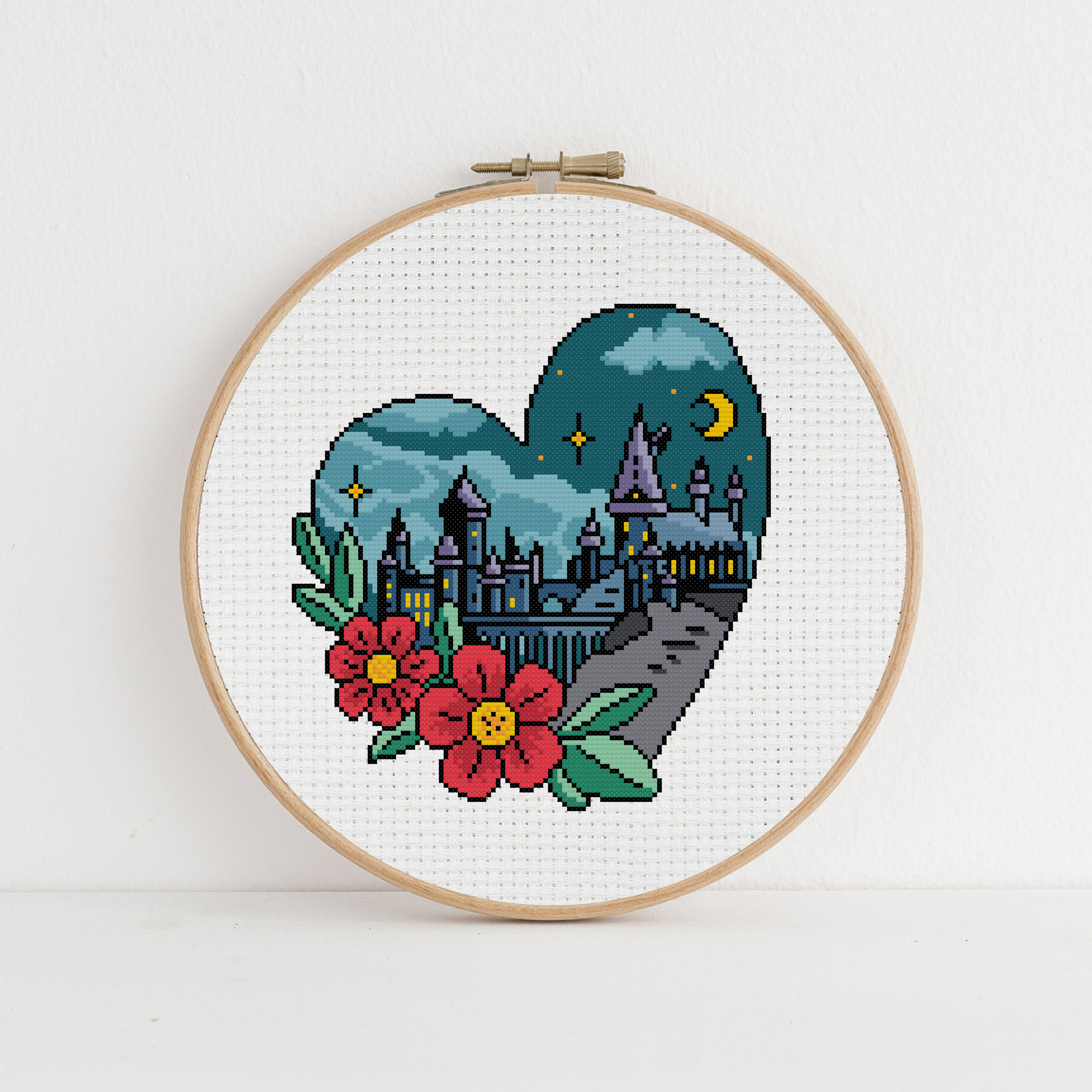 Cozy Hogwarts cross stitch pattern PDF. Heart with castle