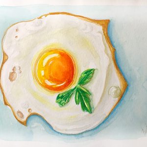 Fried Egg Painting Food Original Artwork Lunch Watercolor Meal Art