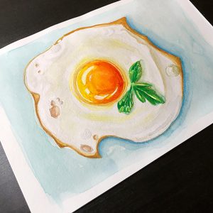 Fried Egg Painting Food Original Artwork Lunch Watercolor Meal Art