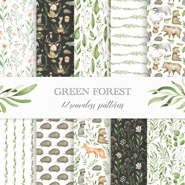Green forest seamless patterns