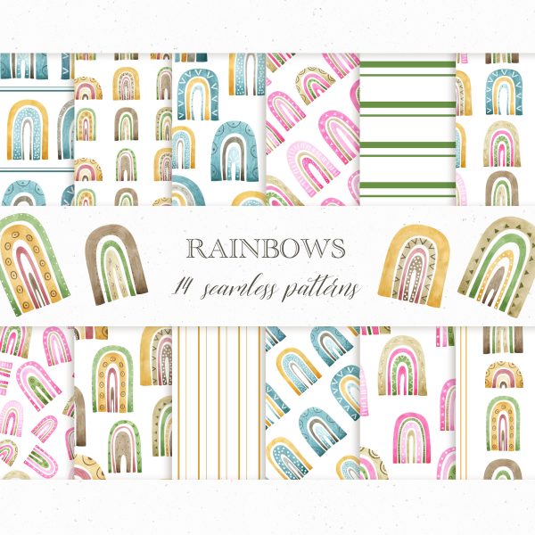 Watercolor seamless patterns with rainbows