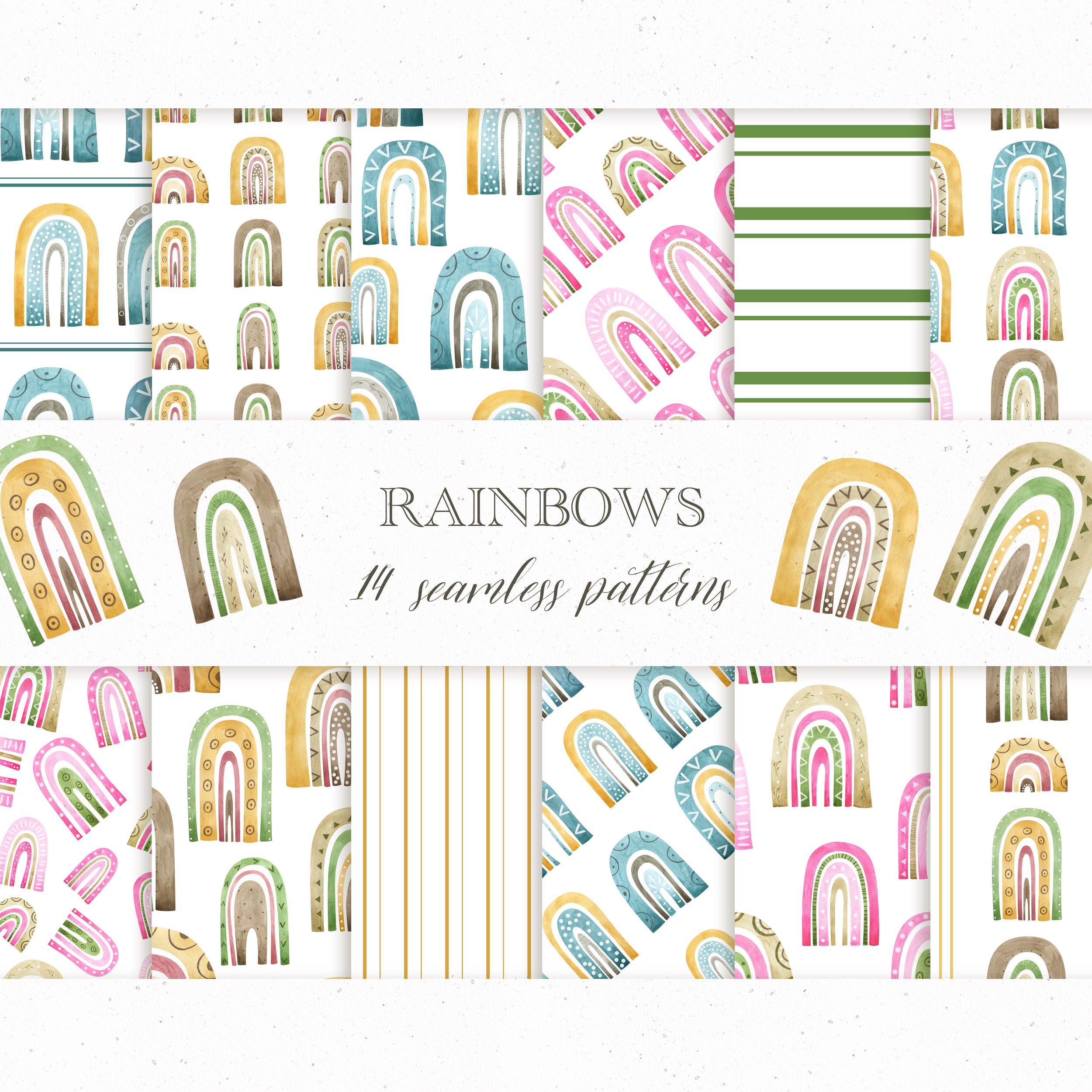 Watercolor rainbow seamless patterns. Boho digital backgrounds 1 Watercolor seamless patterns with rainbows