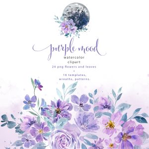 Very peri watercolor flowers and eucalyptus leaves clipart.
