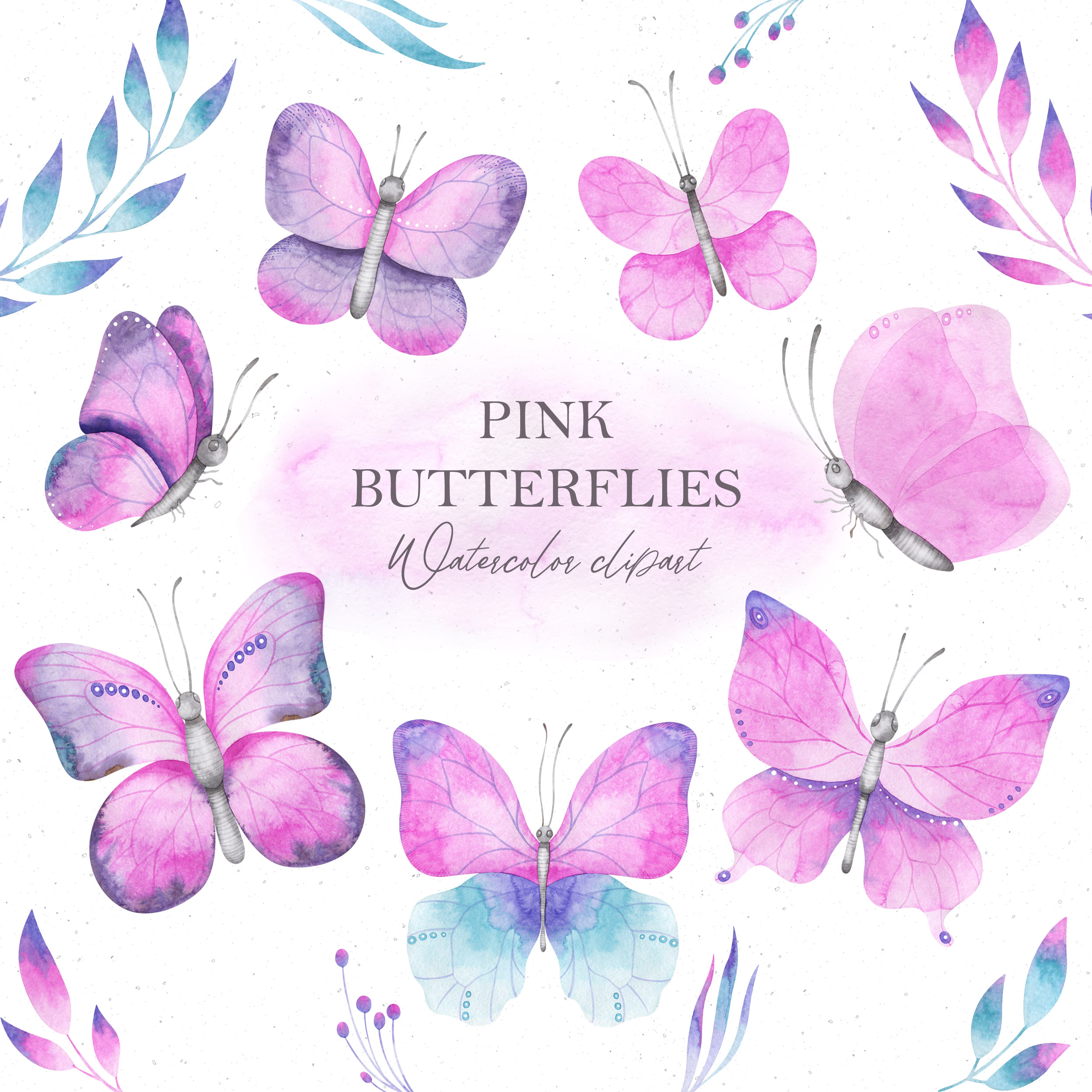 Pink butterfly clipart. Cute watercolor butterflies, greenery 1 Watercolor pink butterflies