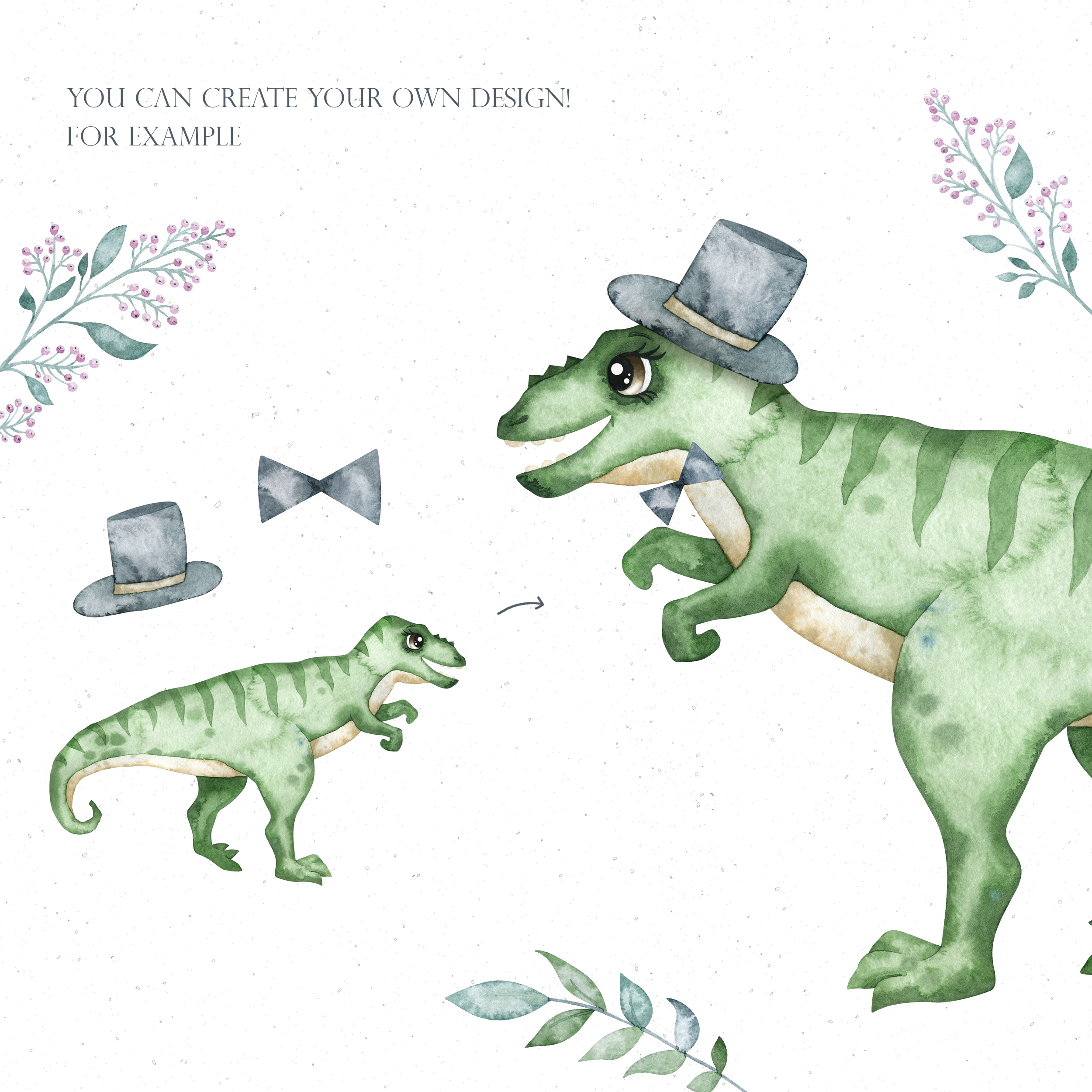 Watercolor dinosaur clipart. Cute digital dino, greenery 10 Watercolor dinosaur clipart. Cute digital dino, greenery - Image 10