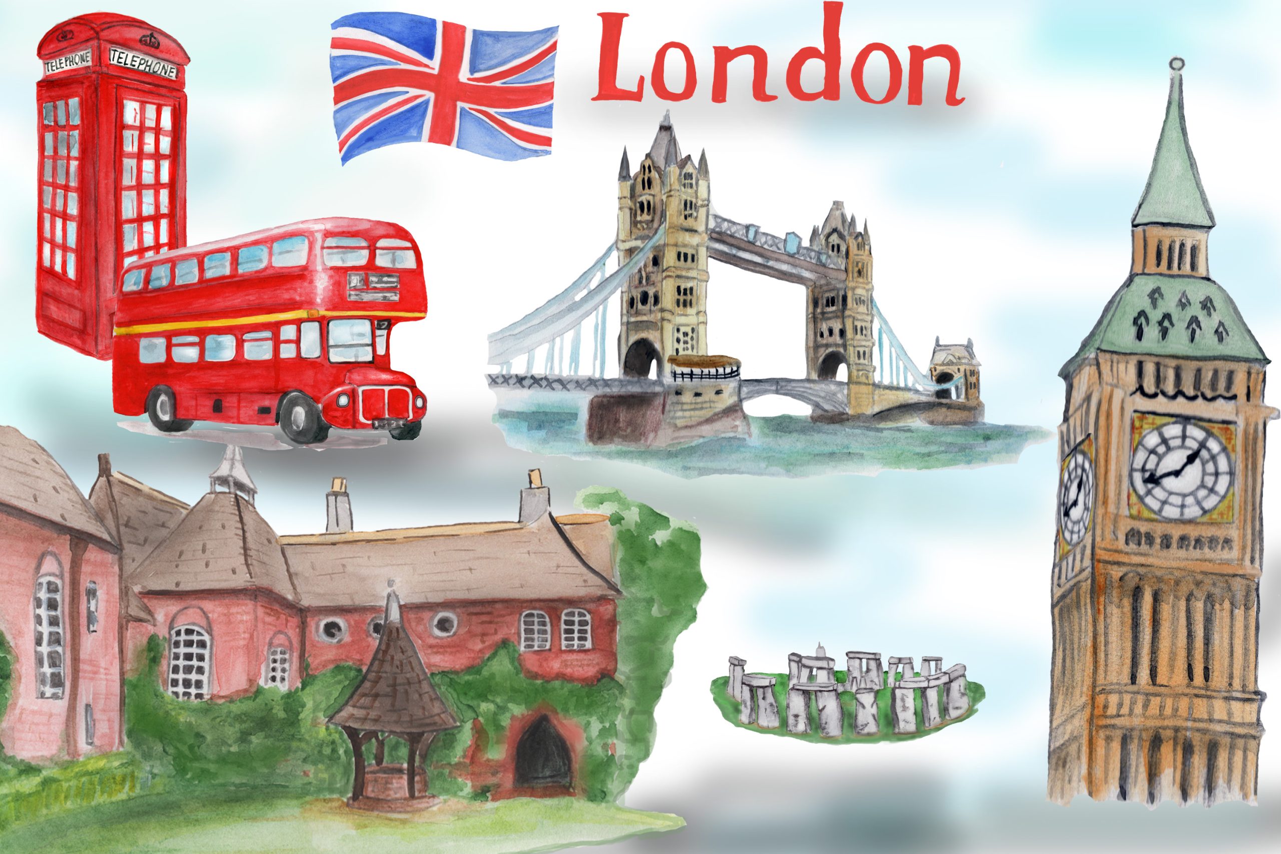 London clipart, London landmark clip art, watercolor clipart 2 London clipart, London landmark clip art, watercolor clipart - Image 2