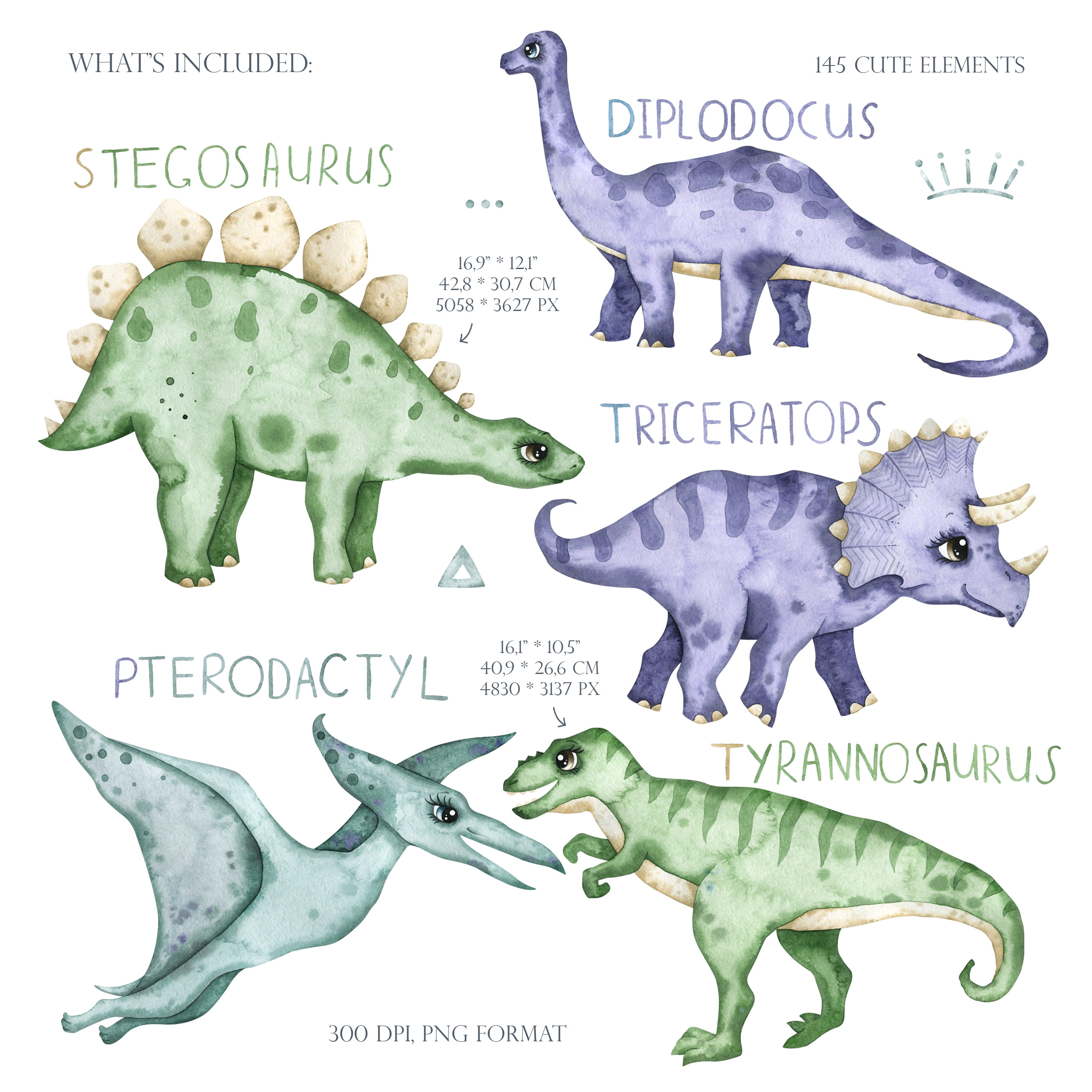 Watercolor dinosaur clipart. Cute digital dino, greenery 2 Watercolor dinosaur clipart. Cute digital dino, greenery - Image 2