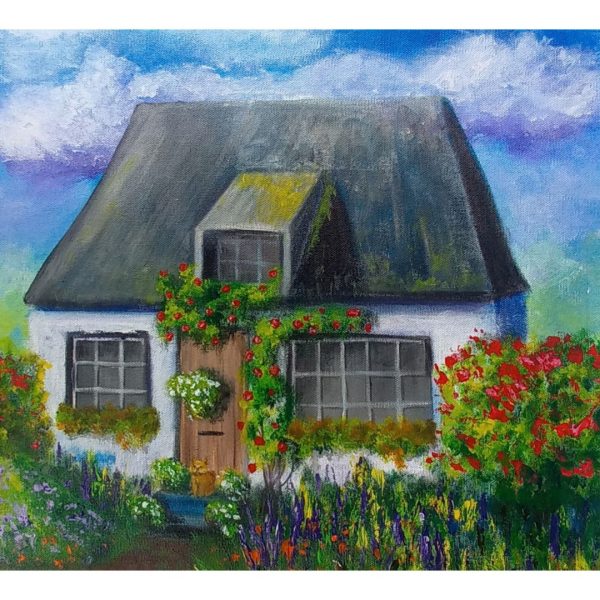 Painting fairy house 14 * 16 acrylic art with a ginger cat