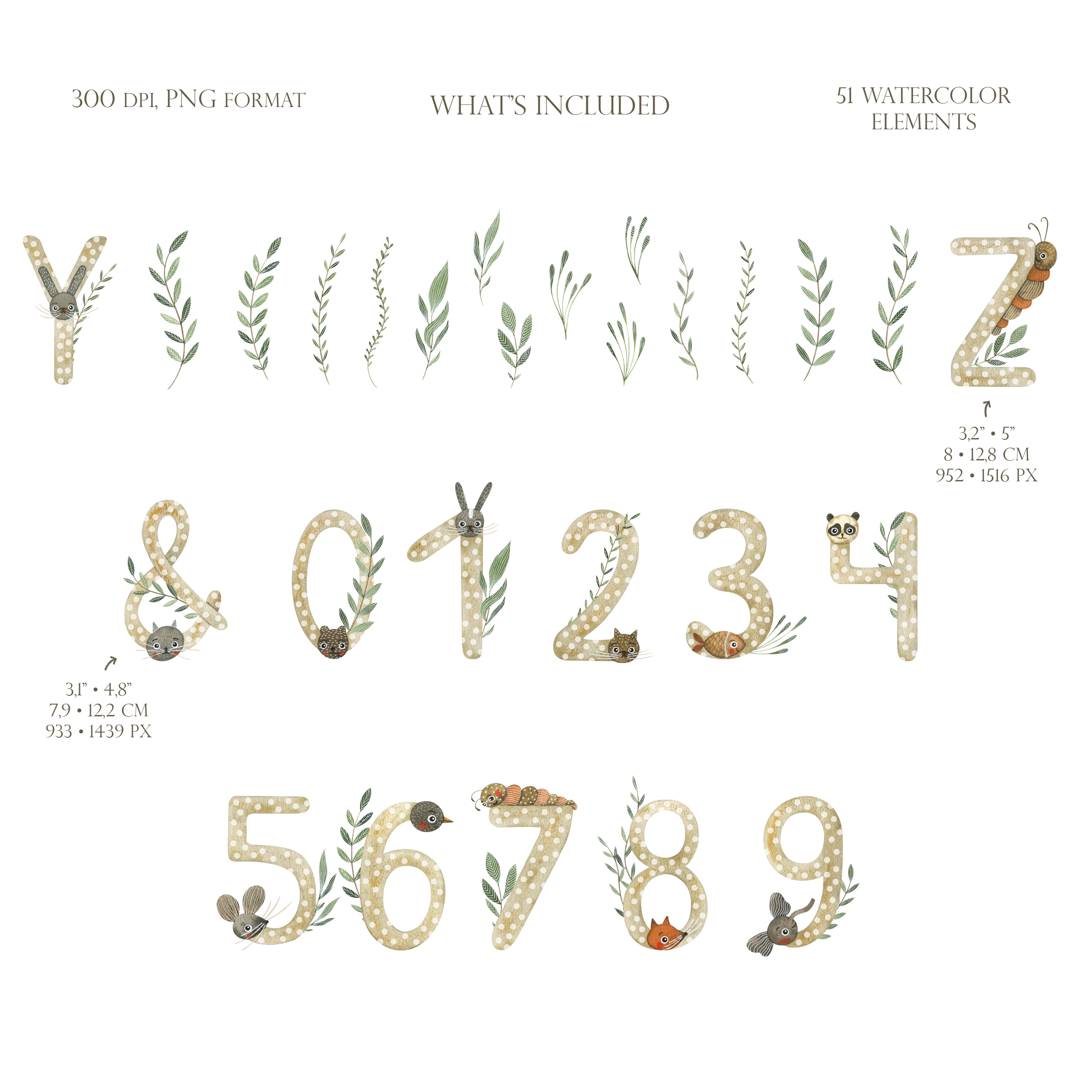 Watercolor alphabet clipart. Cute letters, numbers, greenery 3 Watercolor alphabet clipart. Cute letters, numbers, greenery - Image 3