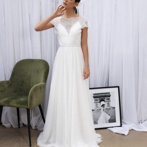 Boho wedding gown, short sleeves wedding dress, organza dress