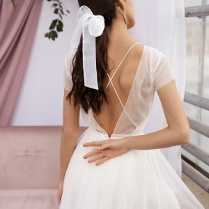 Boho wedding gown, short sleeves wedding dress, organza dress