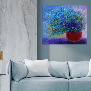 Blue abstract flowers in a vase on canvas 15*13 inches