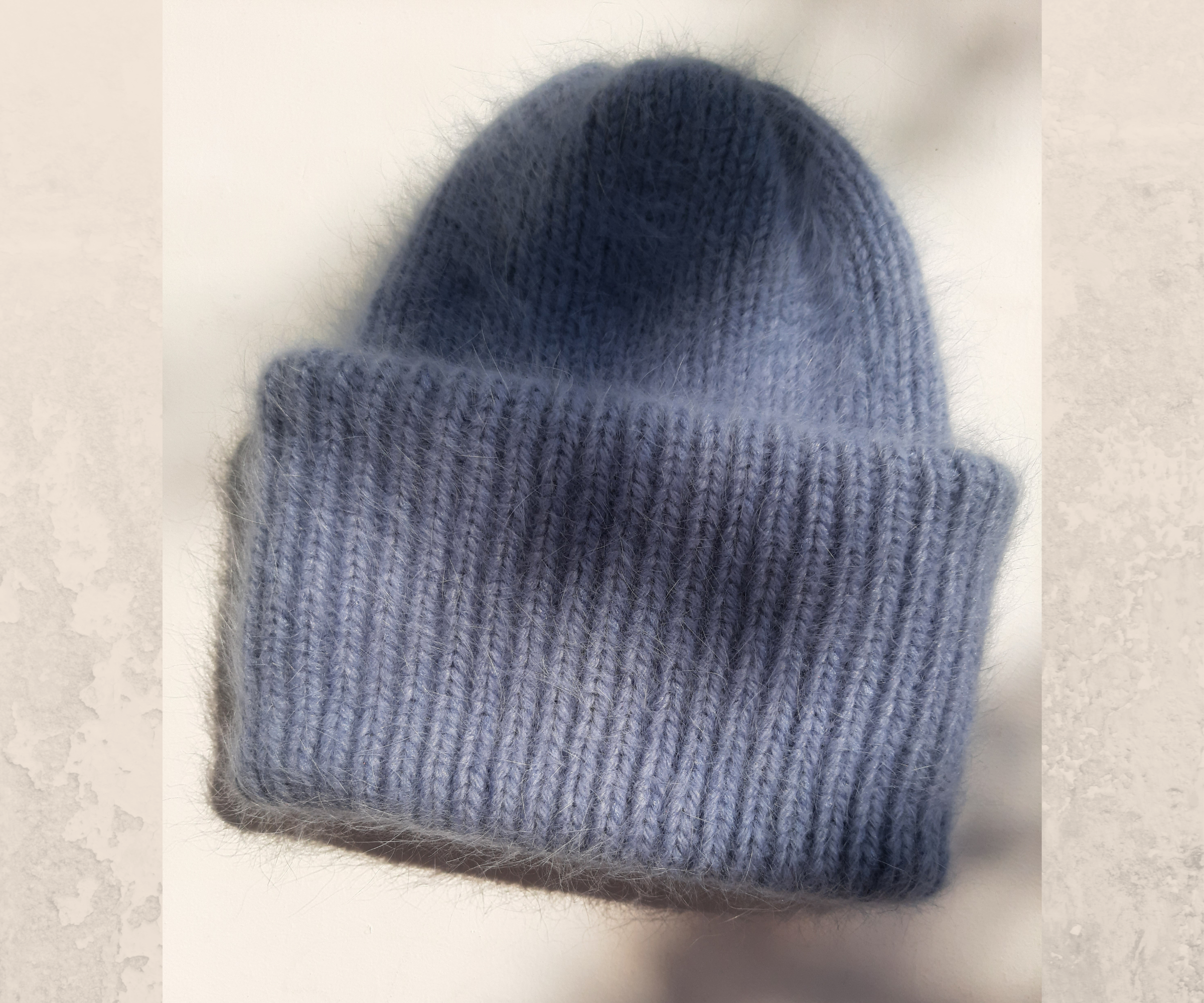 Angora beanie with a double cuff fluffy denim color hat.