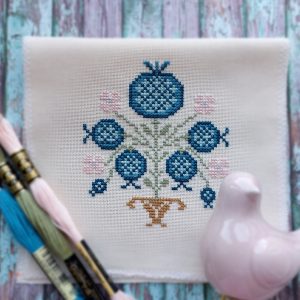 Blue Pomegranate cross stitch pattern PDF, Primitive Sampler