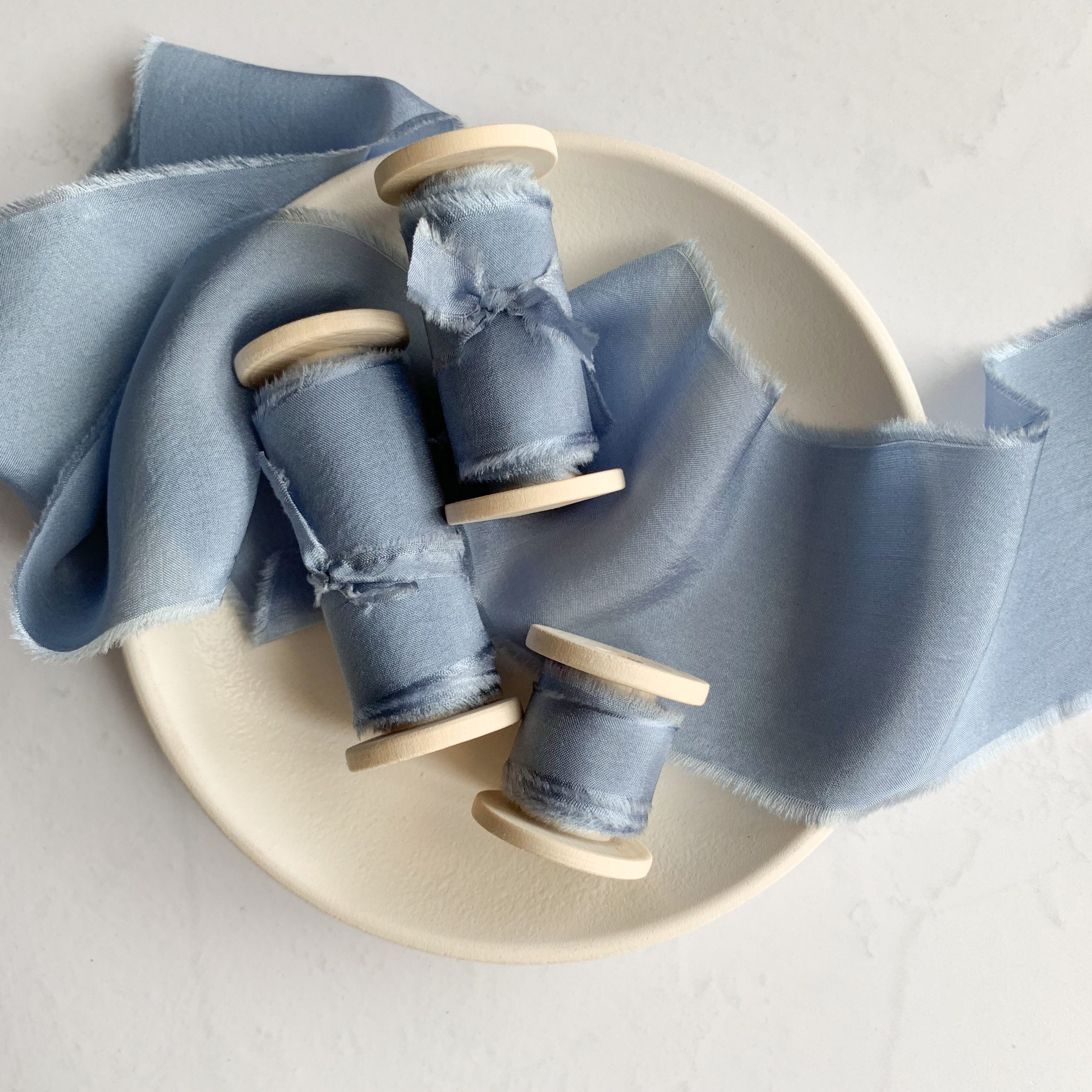 Dusty Blue Ribbon Hand Dyed Ribbon on Wood Spool Habotai