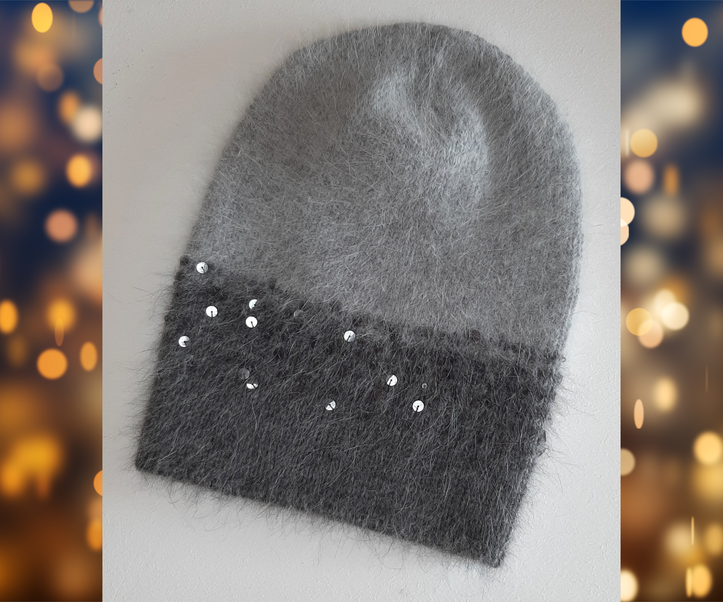 Grey angora beanie hat with sequins. 1