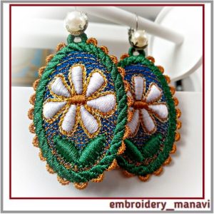 In The Hoop embroidery oval FSL earrings with chamomile.