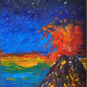 Erupting volcano oil painting 7/5*8/5 inch burning lava