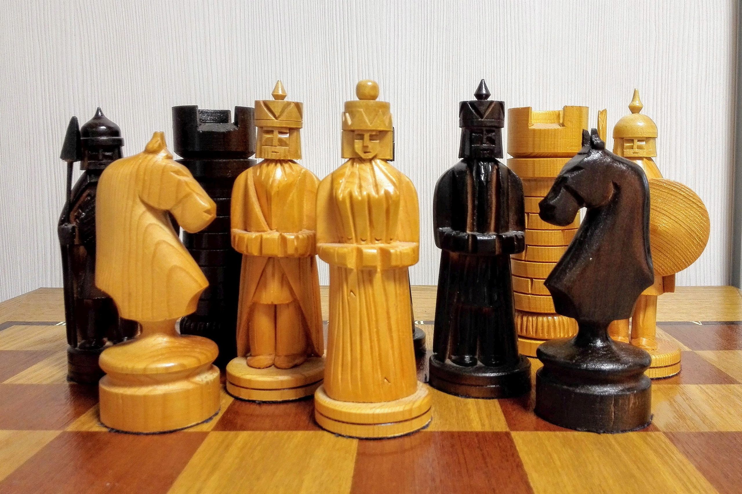 Antique Soviet Chess Handmade. Big Russian Wooden Chess