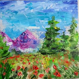 Mountain landscape painting 6*6 inches poppy by Yalozik