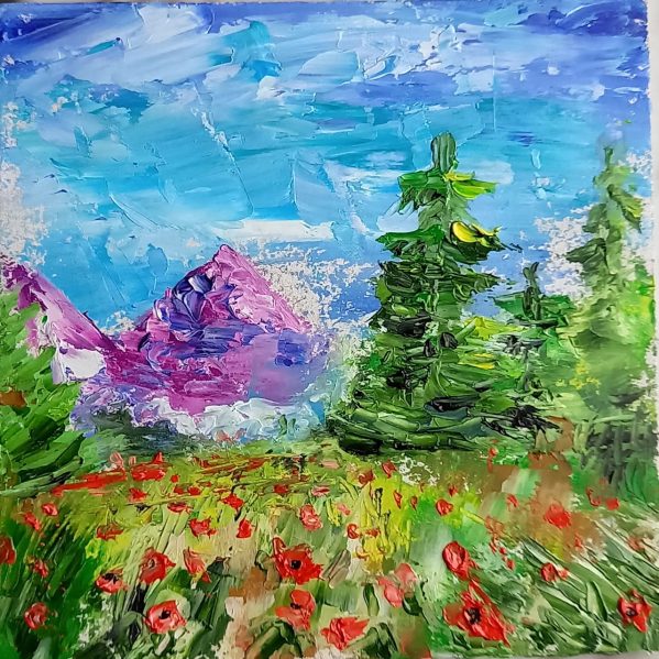 Mountain landscape painting 6*6 inches poppy by Yalozik