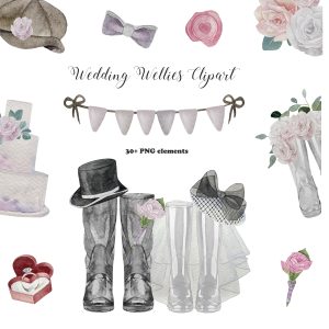 Watercolor wedding wellies clipart. Rain boots for personalised print