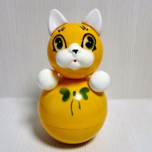 Vintage Soviet Yellow Cat Toy Roly Poly. Musical Nevalyashka USSR