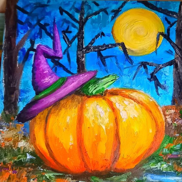 Halloween pumpkin painting 10*10" oil art by Yalozik