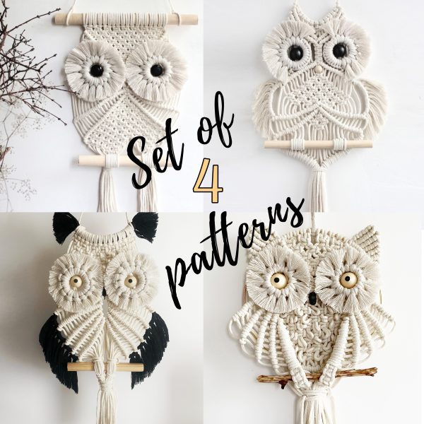 Set of 4 Macrame OWL PATTERNS, Wall Hanging tutorial pdf