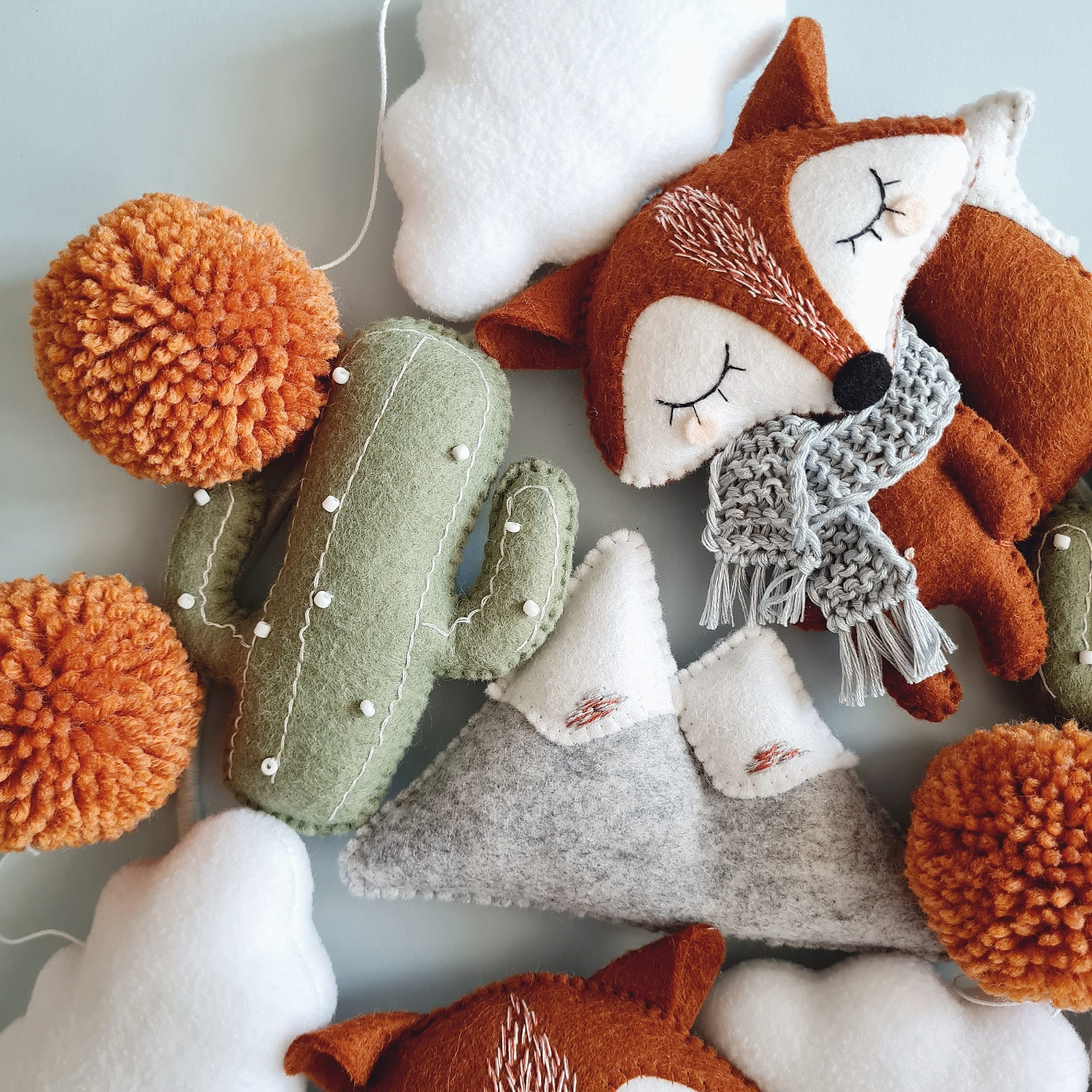 Fox, Cactus baby mobile, Baby shower, Olive boho nursery, Pom-pom 3 baby shower gift, boho baby shower