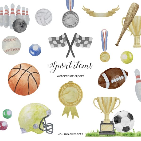 Watercolor Sport Clipart, Football Baseball Equipment
