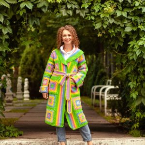 Multicolored crocheted cardigan in the style of “Granny Square”