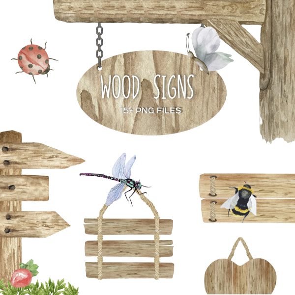 Watercolor wooden sign boards clipart. 8 Wood Planks Signboards