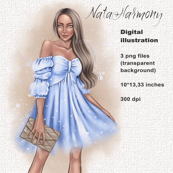 Fashionable illustration.The girl in the blue dress.Watercolour