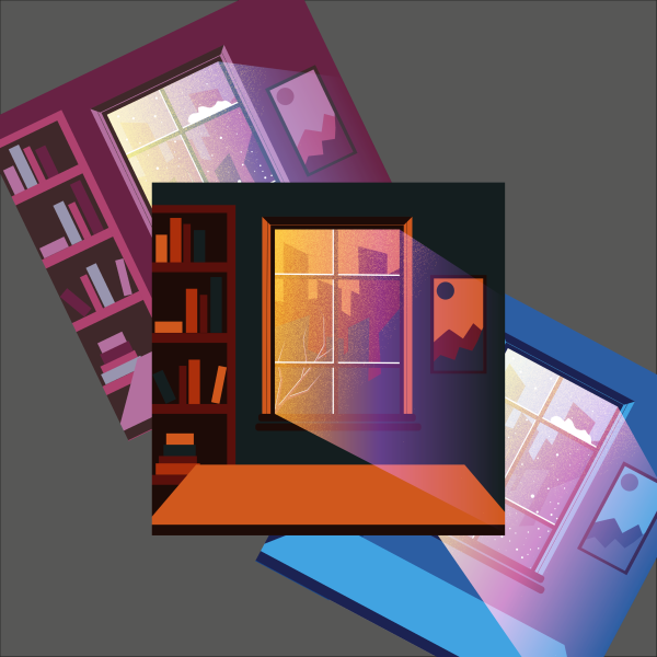 window with wardrobe and table in 3 colors