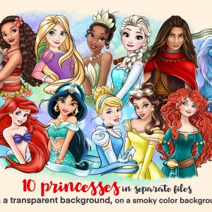 10 cartoon princesses in separate files, png illustration